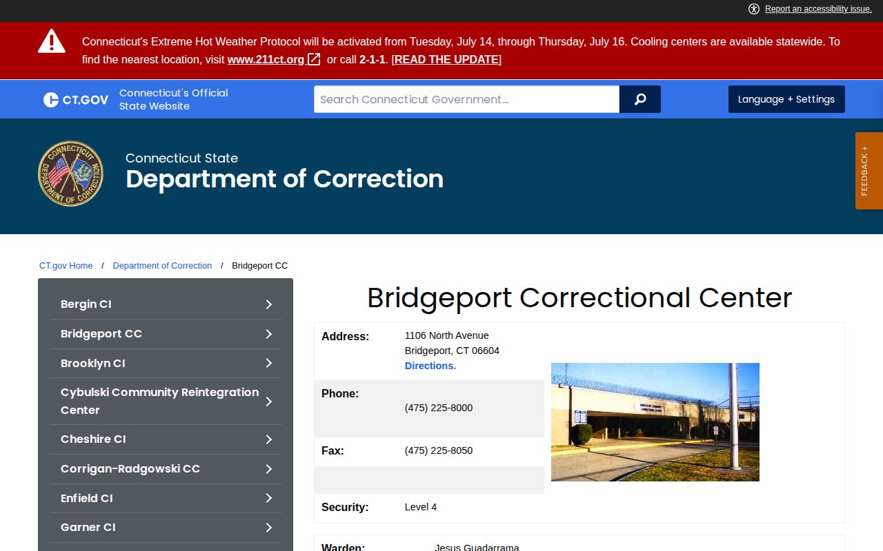 Bridgeport Correctional Center release facility information for Danbury cases