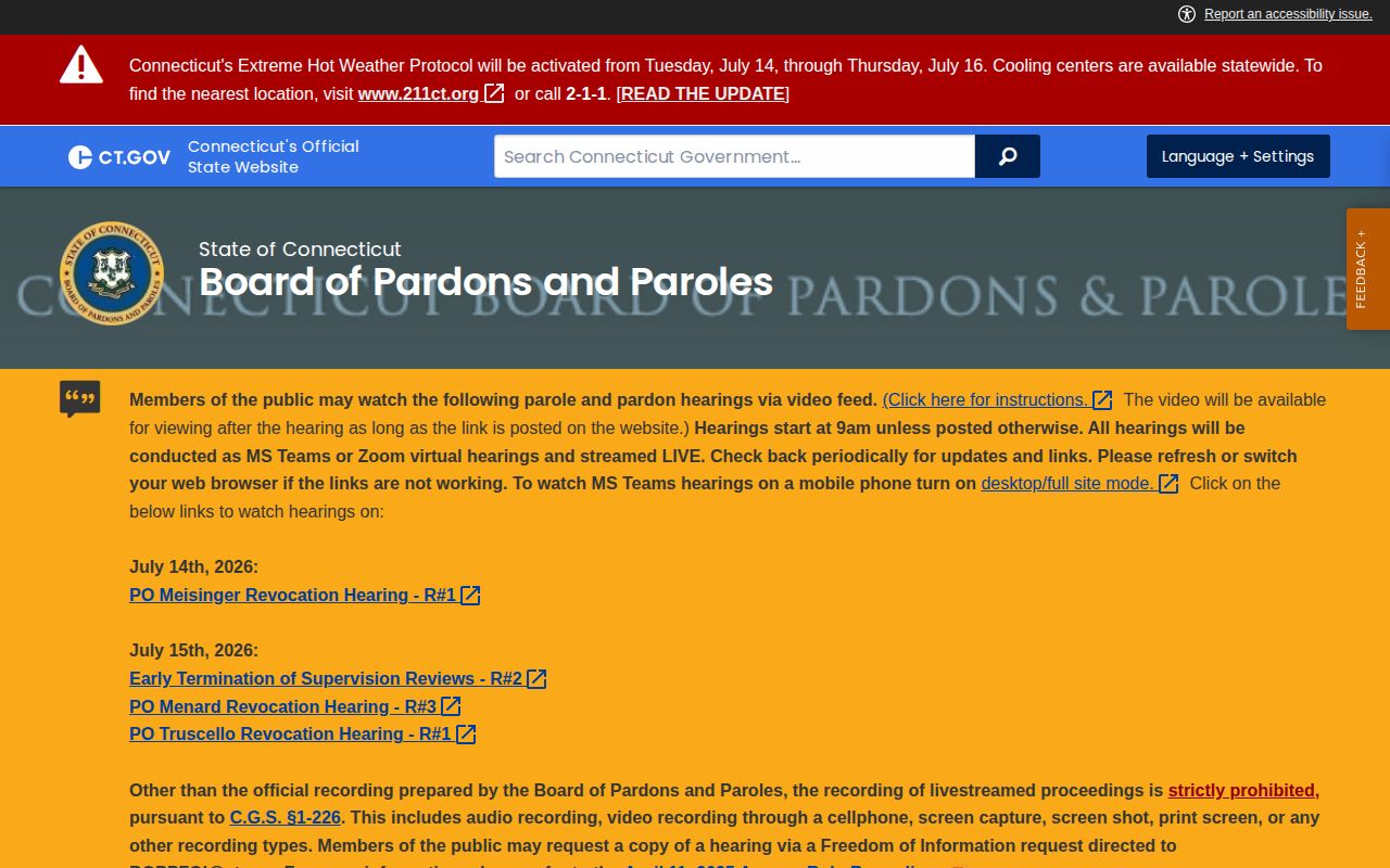 Connecticut Board of Pardons and Paroles eligibility information page